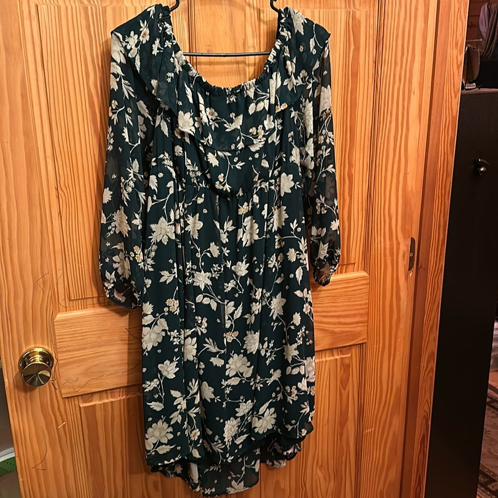 Green floral, stretchy empire waist, versatile neckline, knee length dress.